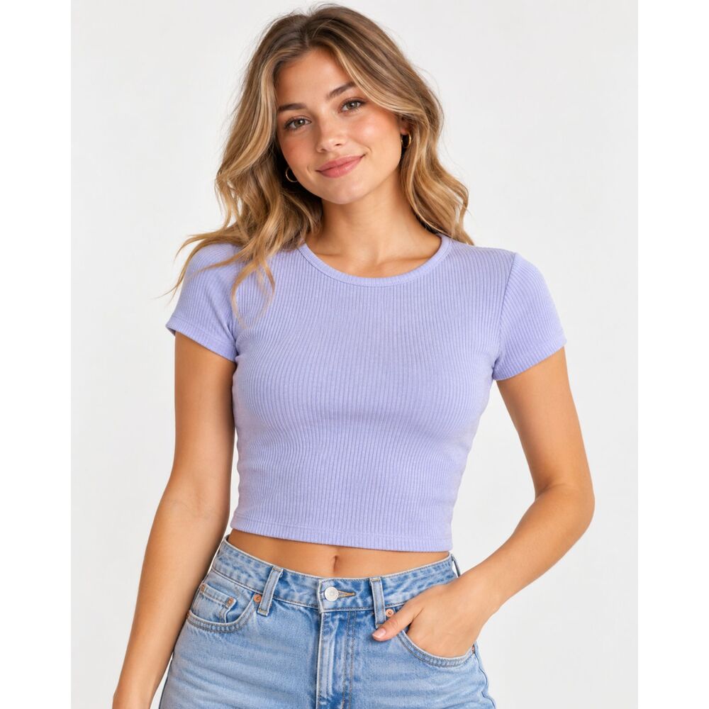 Liz & Sara Purple Lavender Crop T-Shirt Ribbed Short Sleeves XL